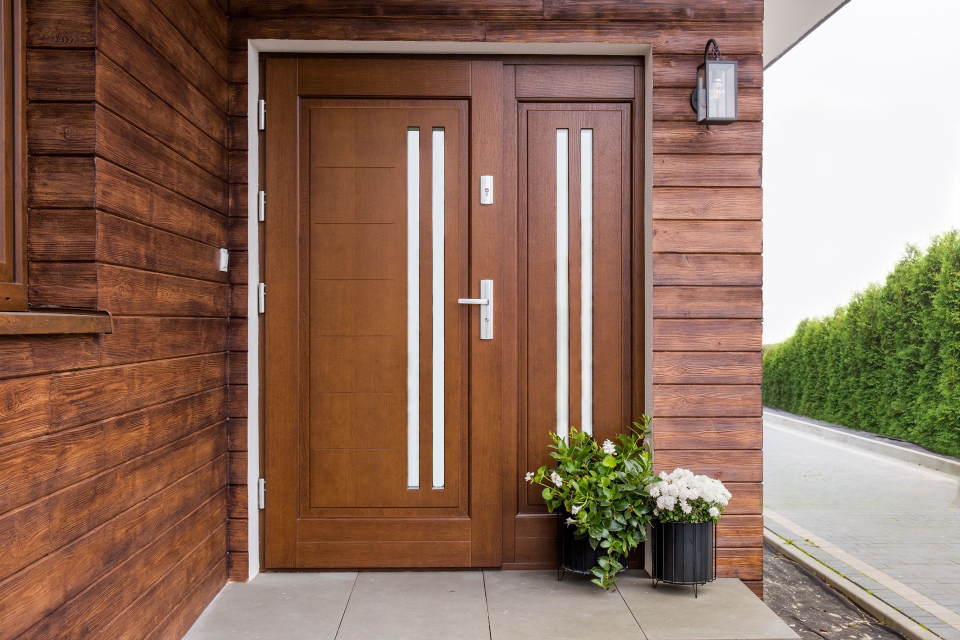Porte d’entrée design d’une maison de campagne. Design moderne. Extérieur luxueux. Façade d’un bâtiment moderne avec porte moderne.